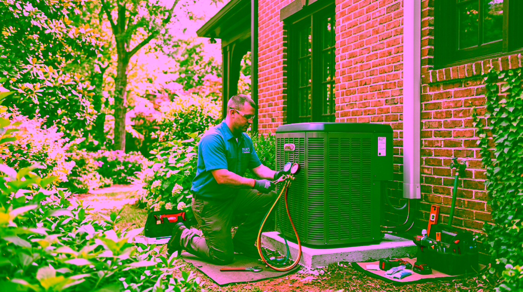 HVAC technician servicing an outdoor air conditioning unit at an Atlanta brick home