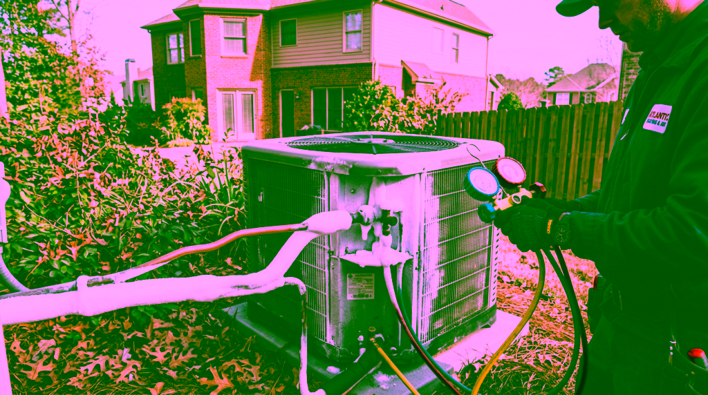 HVAC technician checking refrigerant levels on a frosted outdoor AC unit with pressure gauges