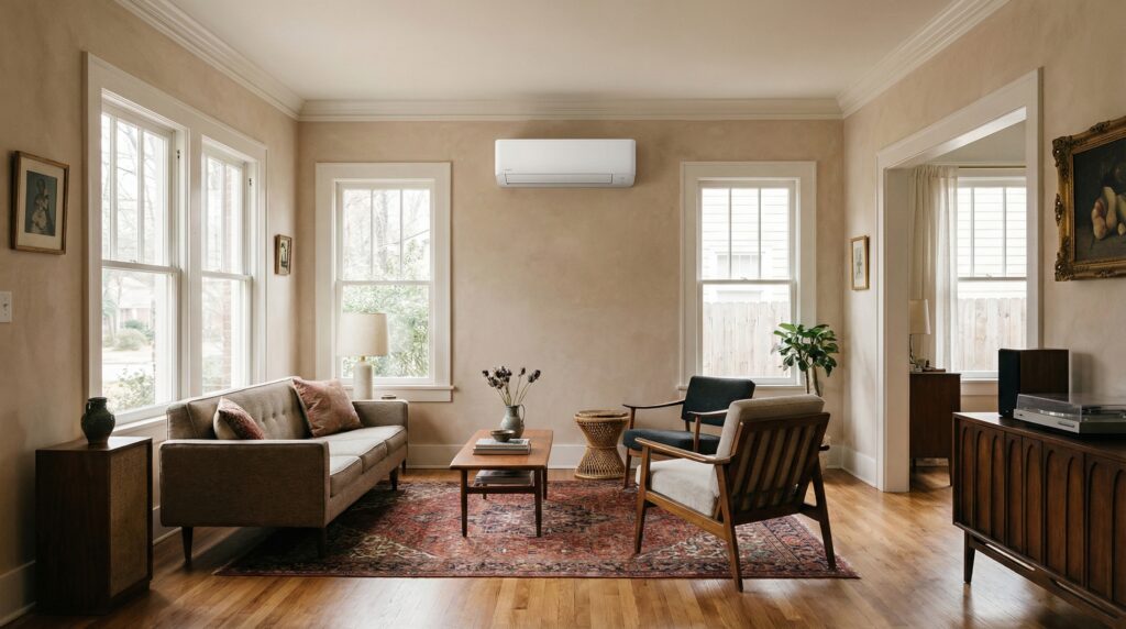 Ductless mini split installed in a renovated Atlanta bungalow living room with crown molding and hardwood floors