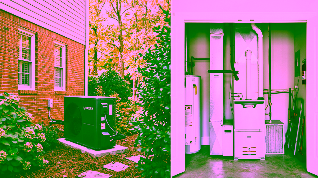 Side-by-side comparison of a heat pump outdoor unit and a gas furnace in a Georgia home